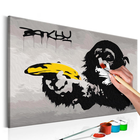 Wandbild zum Ausmalen Monkey Banksy Street Art Dekoration - ikonischer Affe im Graffiti-Stil als urbaner Wandschmuck