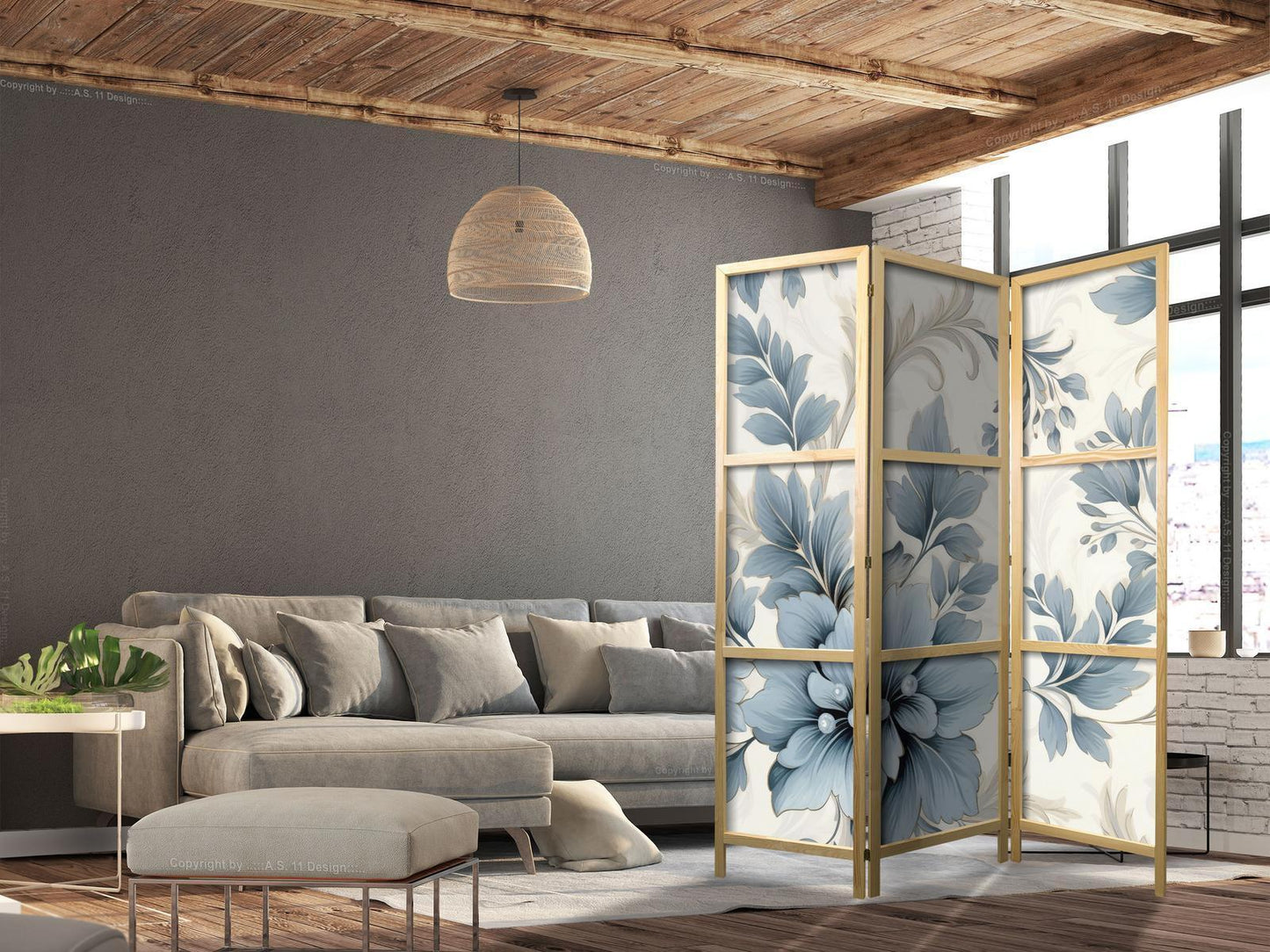 Japanischer Paravent - Turquoise Flowers in Retro Ambiance - Floral Ornaments