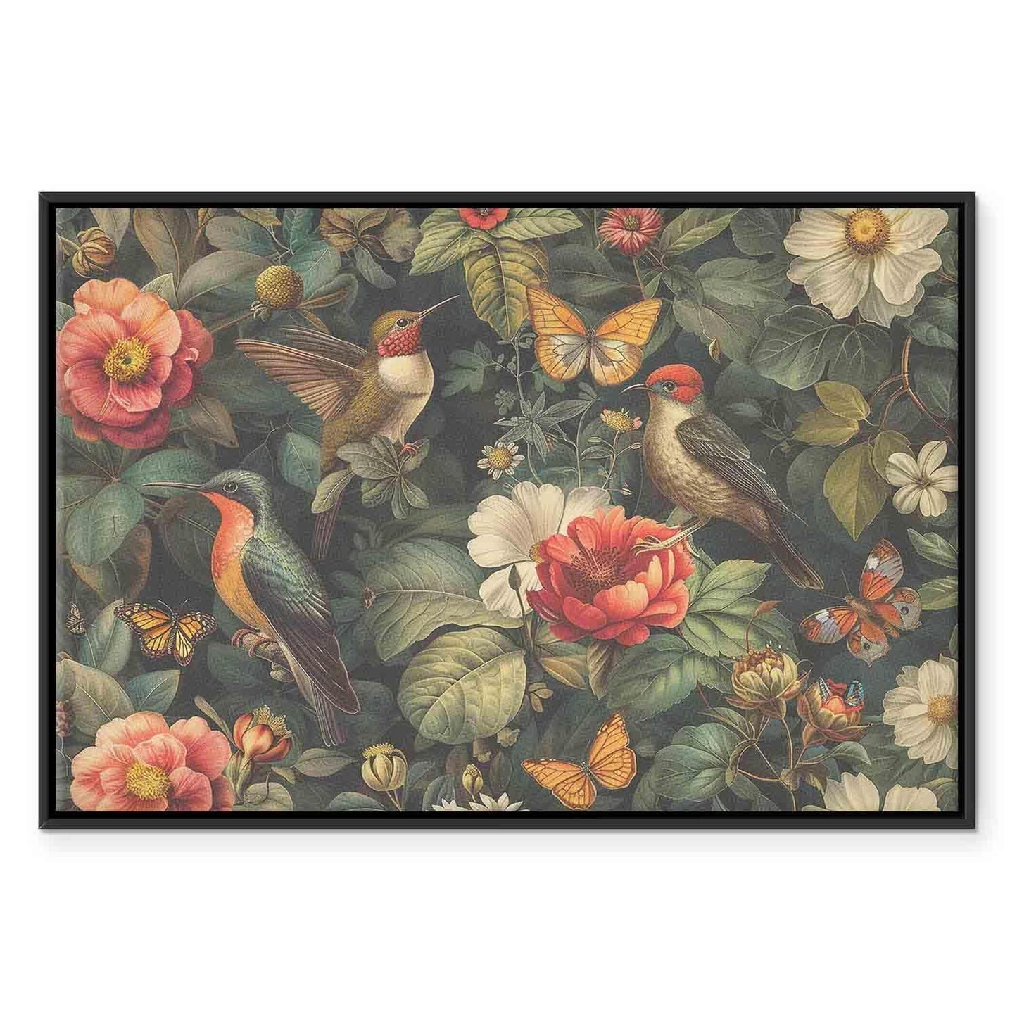 Leinwandbild - Flowers, birds and butterflies – vintage-style illustration