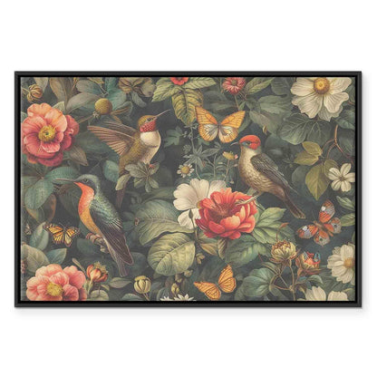 Leinwandbild - Flowers, birds and butterflies – vintage-style illustration
