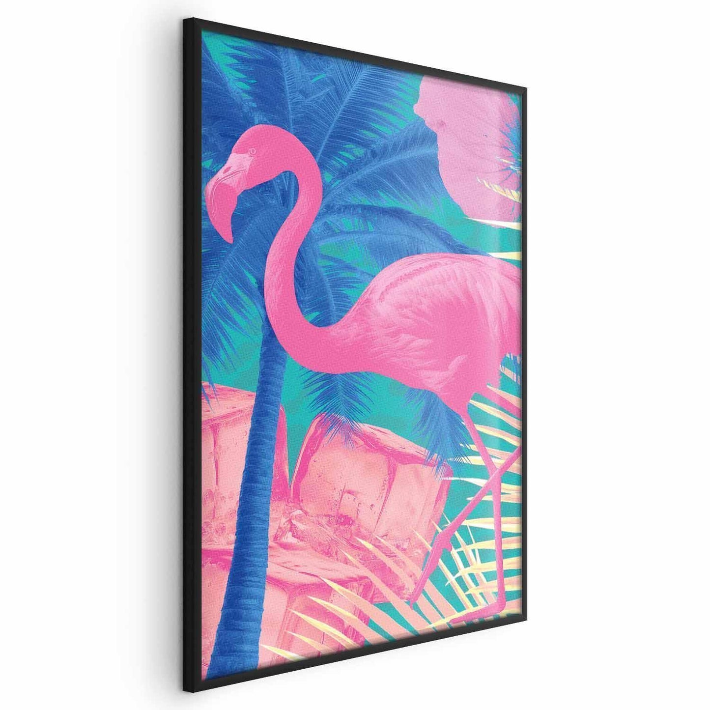 Poster - Pink Flamingo - abstract flamingo against a background of palm trees and ice cubes Artgeist