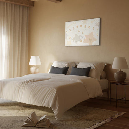 Leinwandbild - Fairy-Tale Galaxy - Phases of the Moon in Yellow Tones Among Stars in Beige and Ash Colors with Stardust