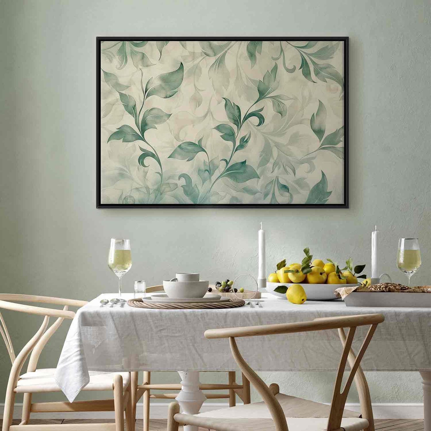 Leinwandbild - Watercolor Botanical Motif Delicate Green-Beige Leaves