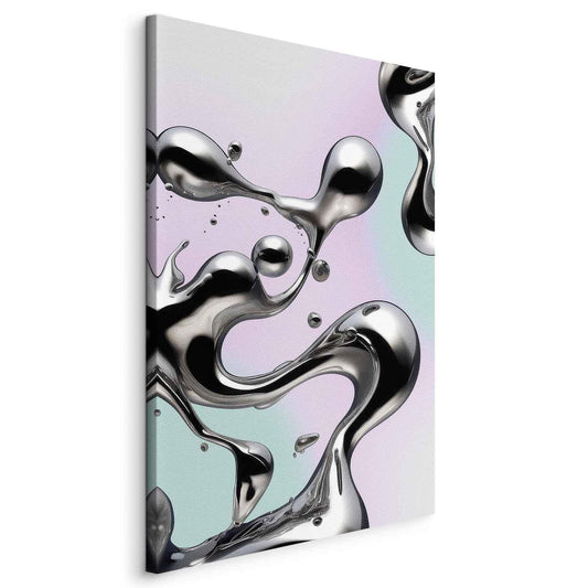 Leinwandbild - Metallic Fluidity - Abstract Silver Forms on a Mint-Purple Background Artgeist