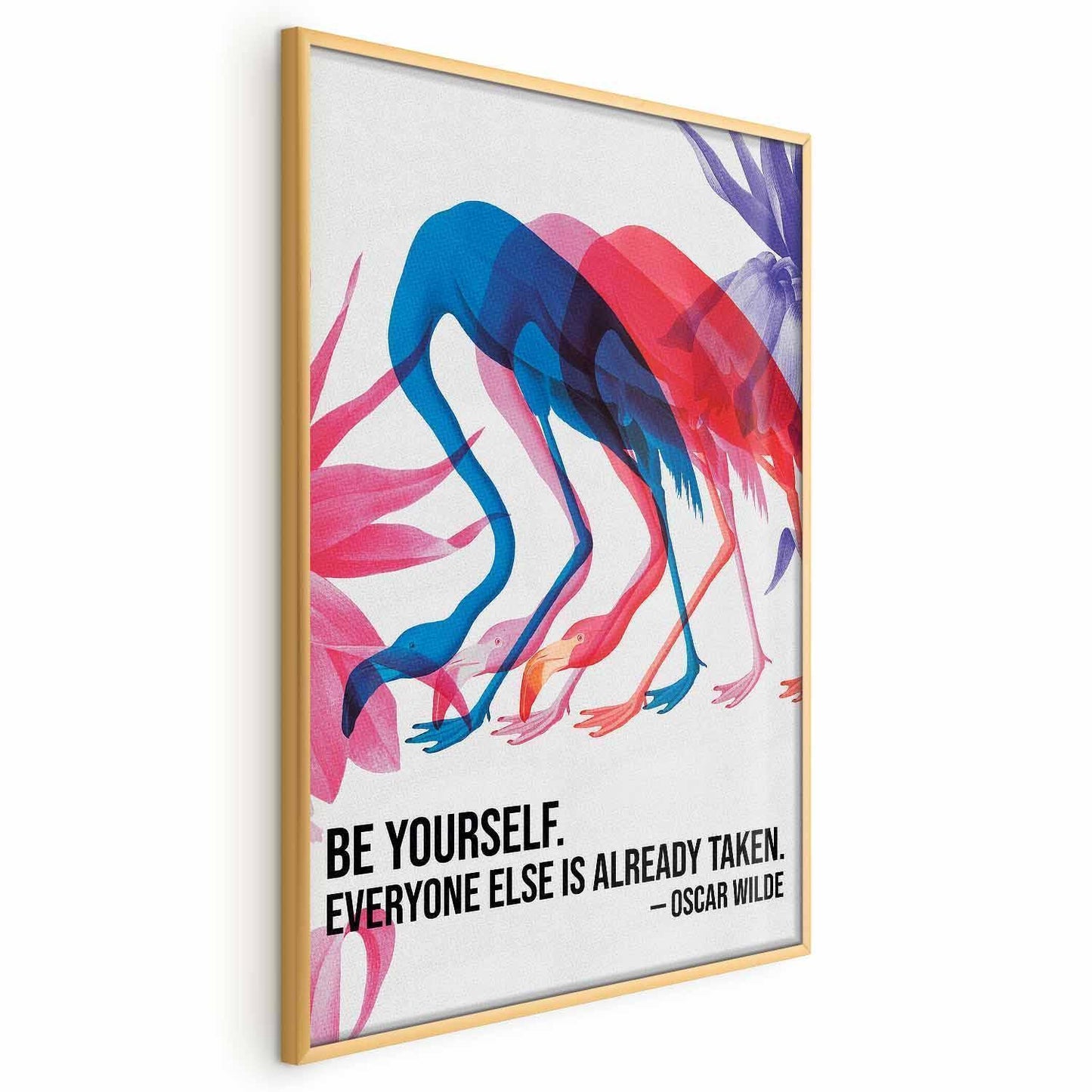 Poster - Colorful Repetition - three flamingo silhouettes with an inspiring quote Artgeist