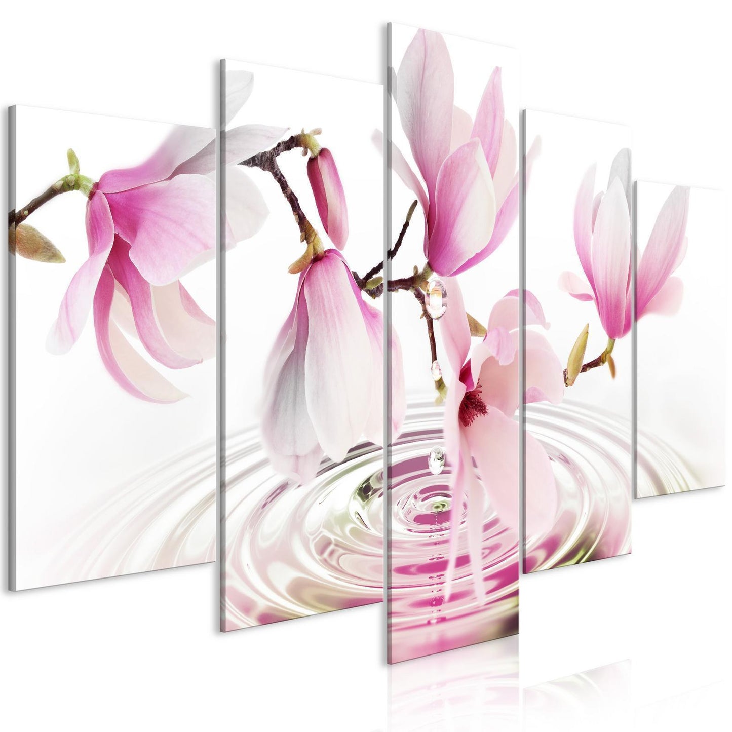 Leinwandbild - Magnolien in Rosa über Wasser (5-teiliges Wandbild)
