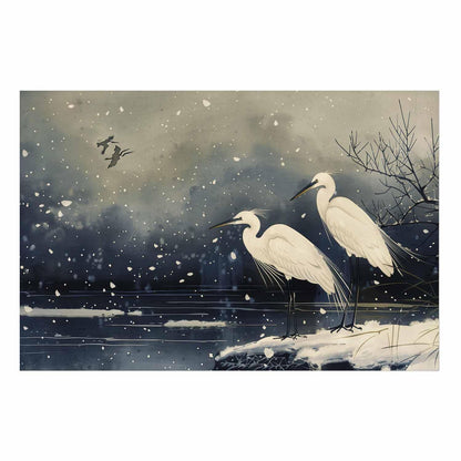 Poster - Herons over a Winter Pond - illustration in the Japanese style in dark colors