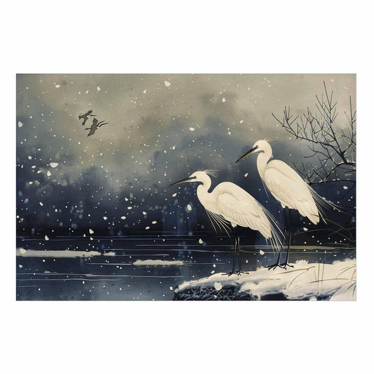Poster - Herons over a Winter Pond - illustration in the Japanese style in dark colors