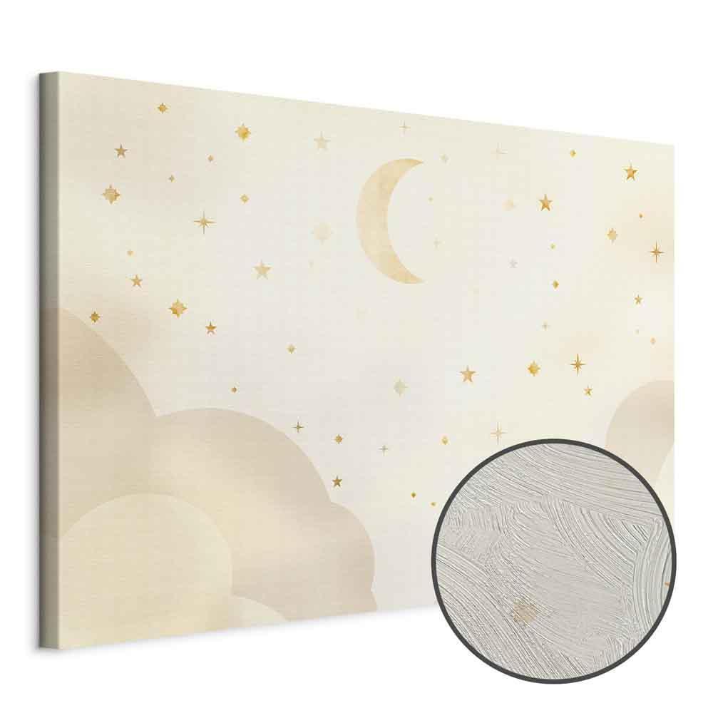 Leinwandbild - Bright Night - Moon Accompanied by Many Stars on a Light Background