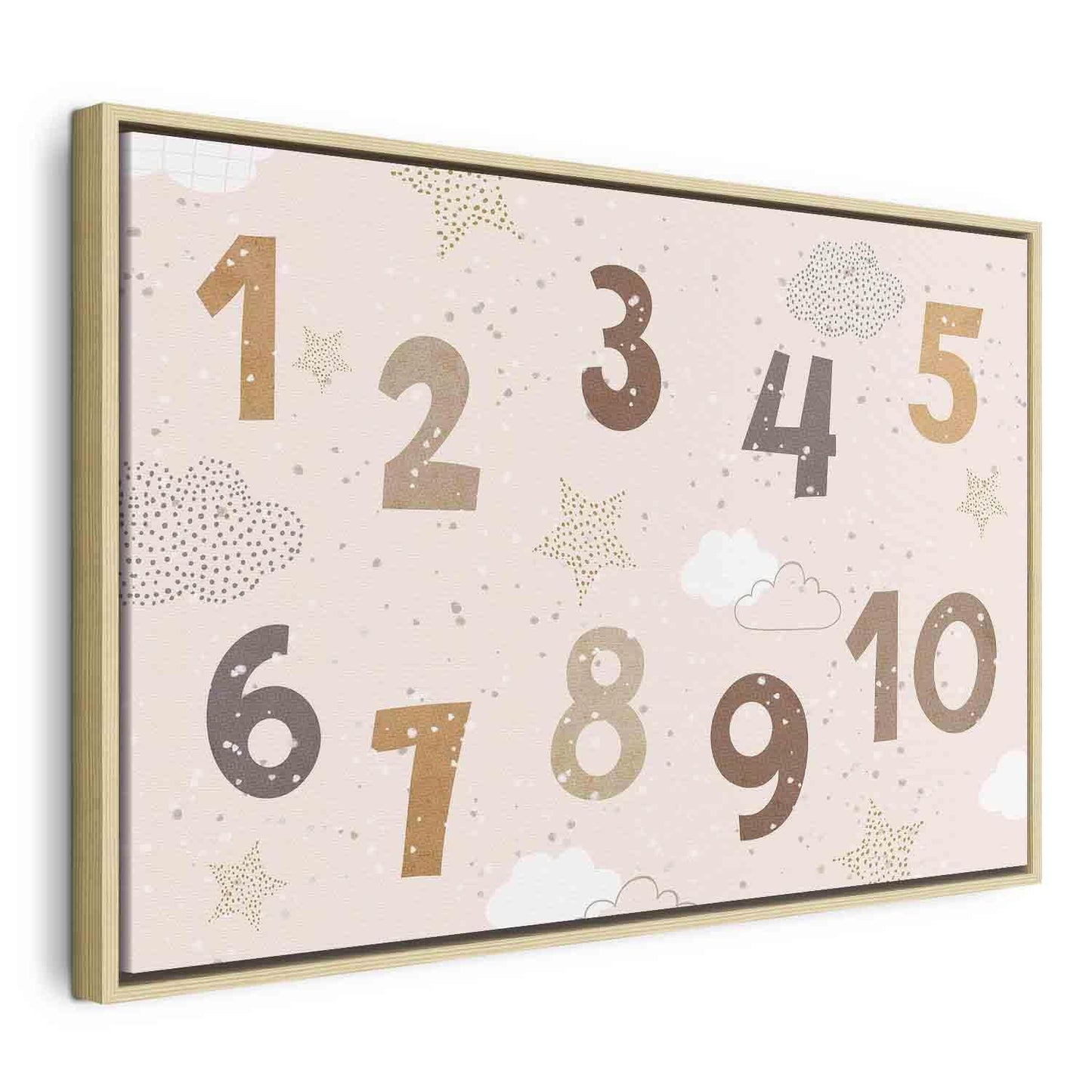 Leinwandbild - Jumping Numbers - Numbers in a Subdued Beige-Brown Hue Among Snowflakes Stars and Clouds