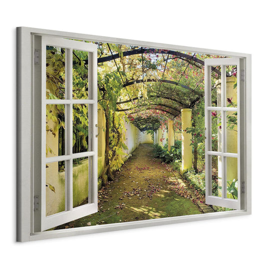 Leinwandbild - Window: View on Pergola Artgeist