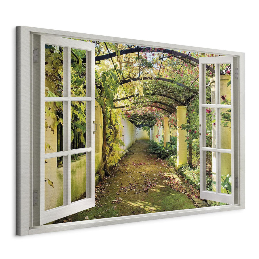 Leinwandbild - Window: View on Pergola Artgeist