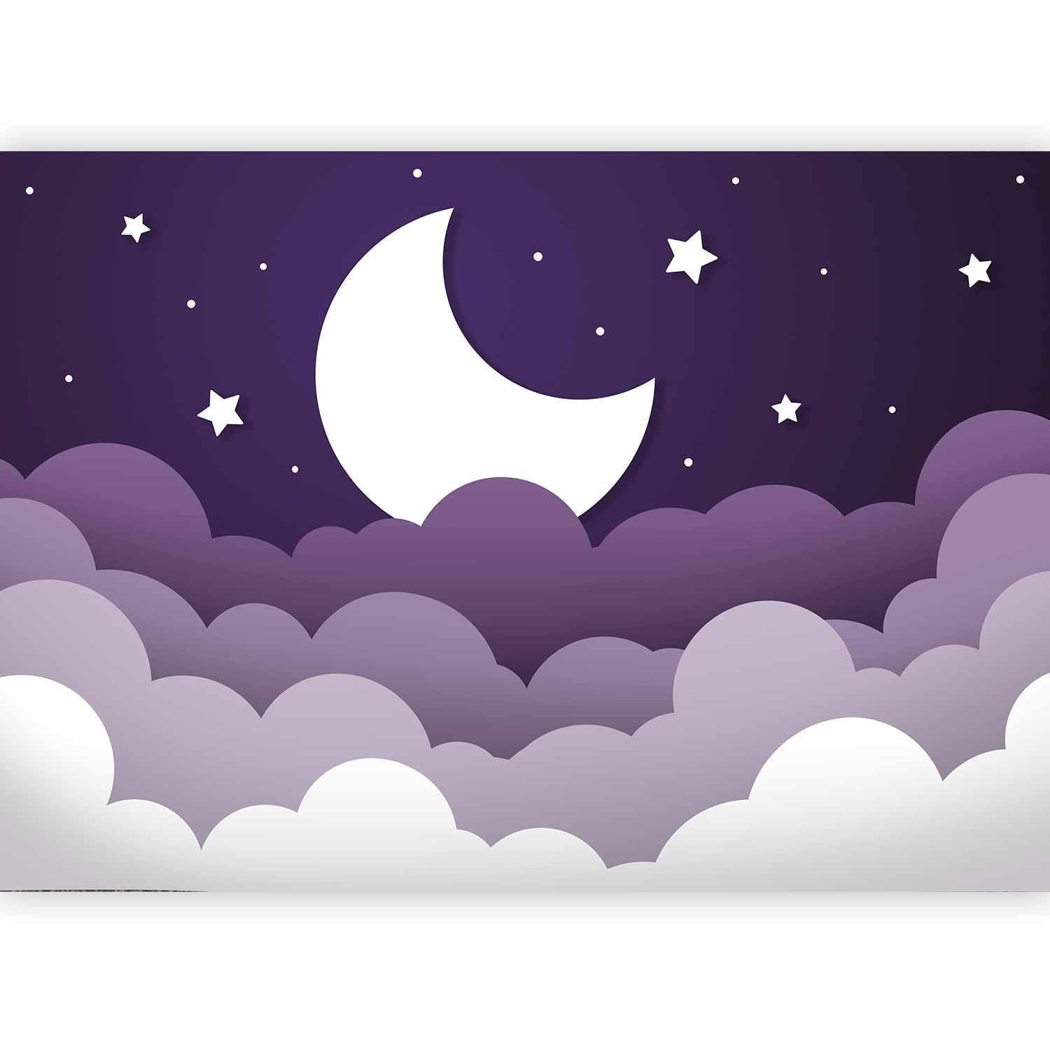Fototapete - Moon dream - clouds in a purple sky with stars for children Artgeist