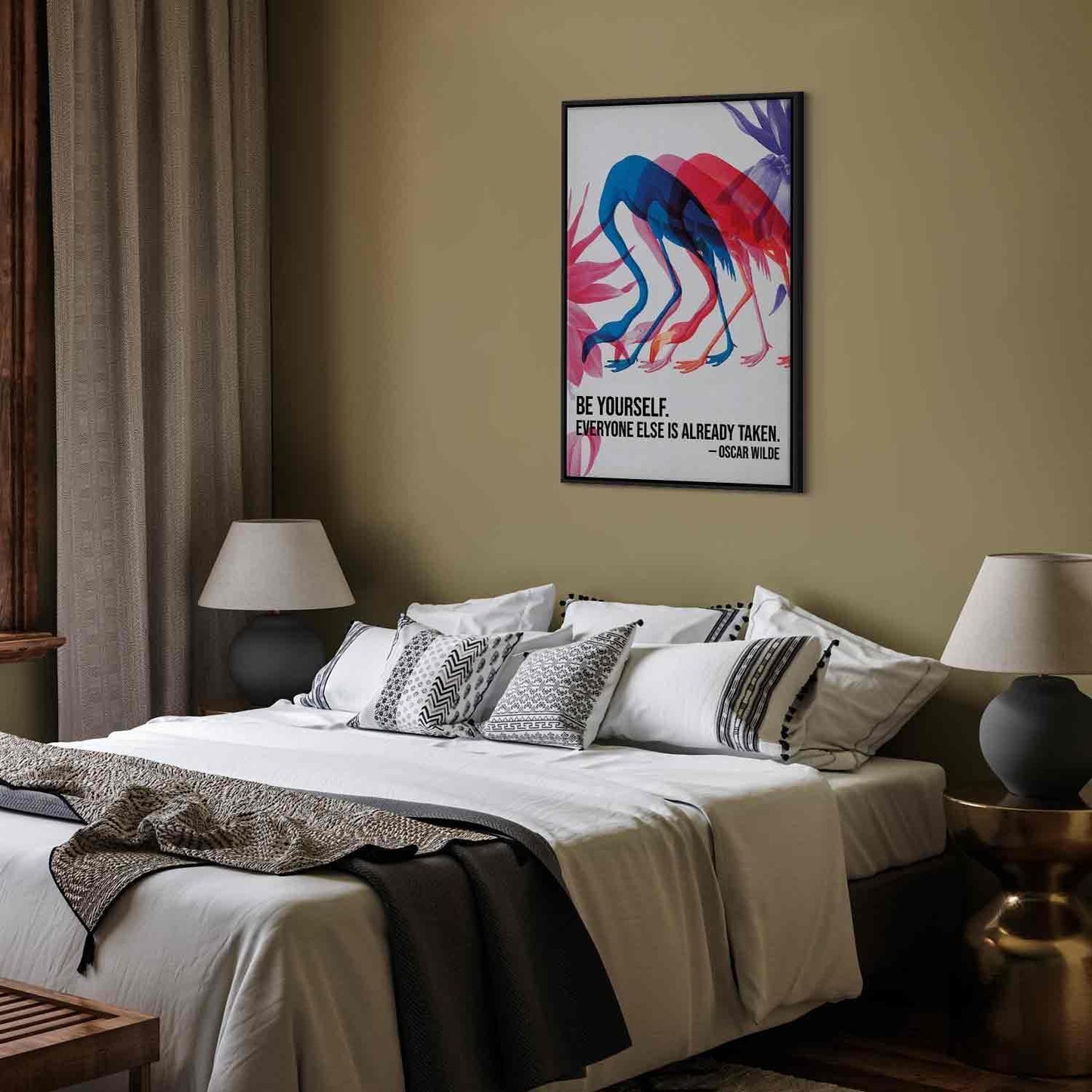 Leinwandbild - Colorful Flamingos - Inspirational Quote with Colorful Bird Silhouettes