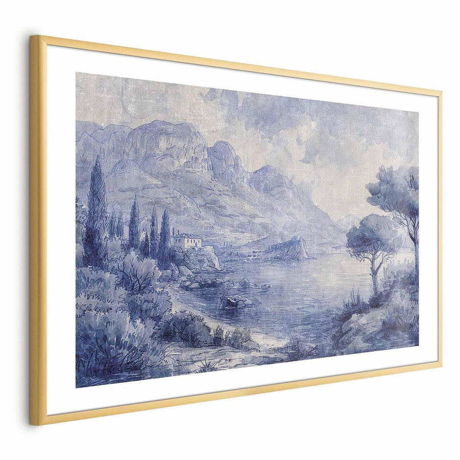 Poster - Blue Bay - Italian Landscape of Lake Como Painted in Blue Ink Artgeist