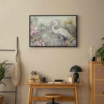 Leinwandbild - Heron wading in a pond - illustration in bright colours