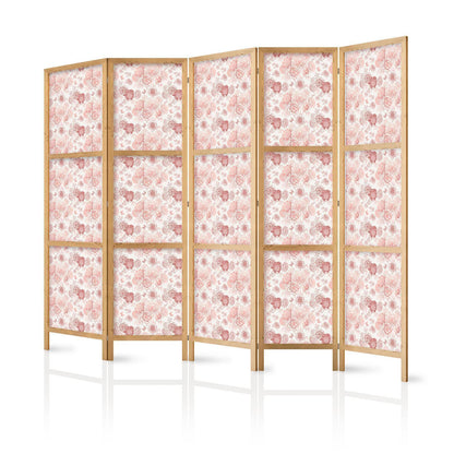 Japanischer Paravent - Pink Blossoming - Flowers in Warm Colors on a White Background Artgeist