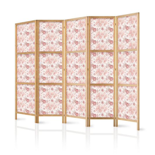 Japanischer Paravent - Pink Blossoming - Flowers in Warm Colors on a White Background Artgeist