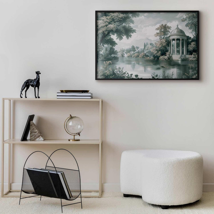Poster of a landscape with park and lake in retro greens, decorative wall art for home interiors.