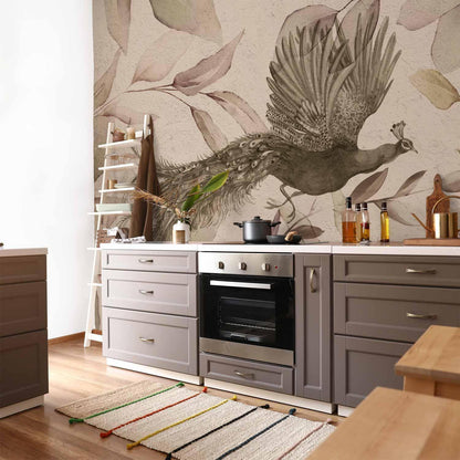 Fototapete - Bird among the leaves - floral motif with a flying peacock in cool tones