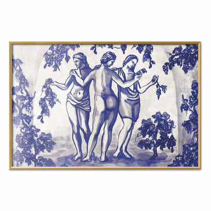 Poster - Ancient Vineyard - three women in a portal painted in blue ink
