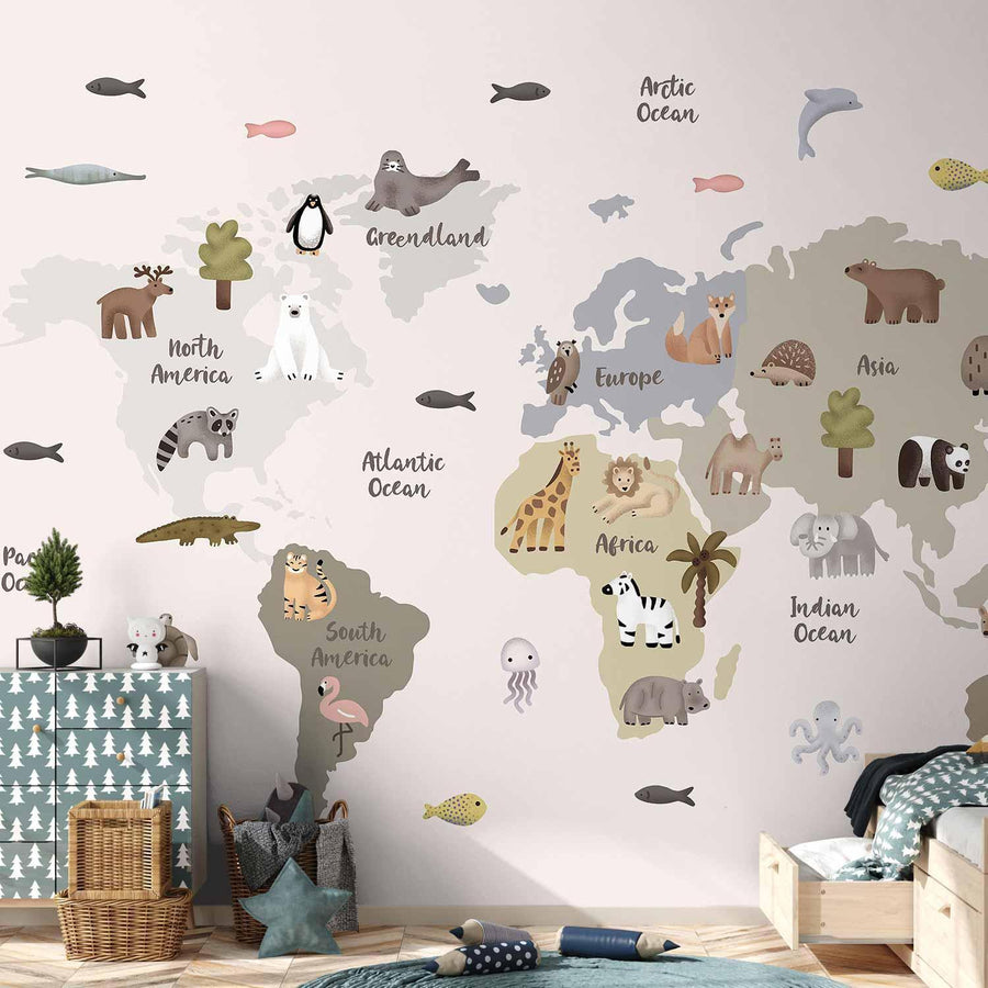 Fototapete - Pastellkarte - Tiere und Kontinente fürs Kinderzimmer Artgeist