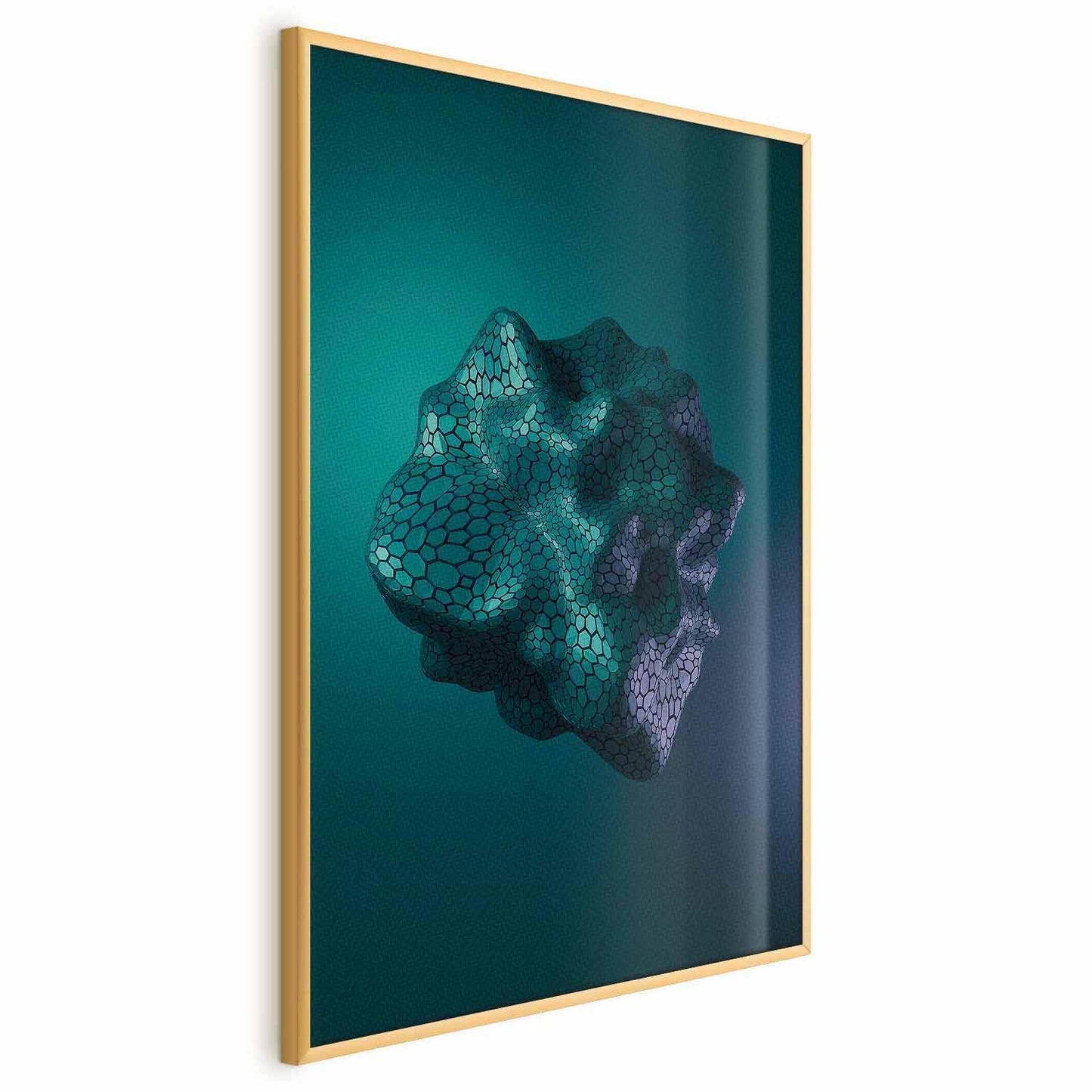 3D abstract geometric art in gold frame on teal background, "Poster - Gamma".