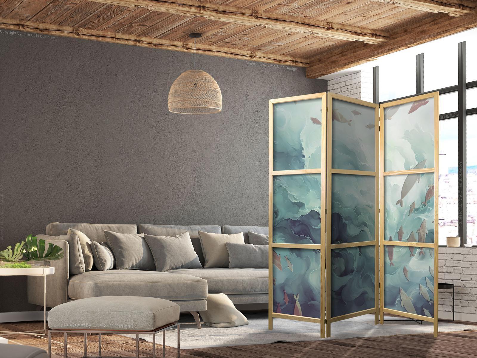 Japanischer Paravent - Three Schools of Fish - Fish in Muted Colors Swimming in Groups in Oceanic Depths Artgeist