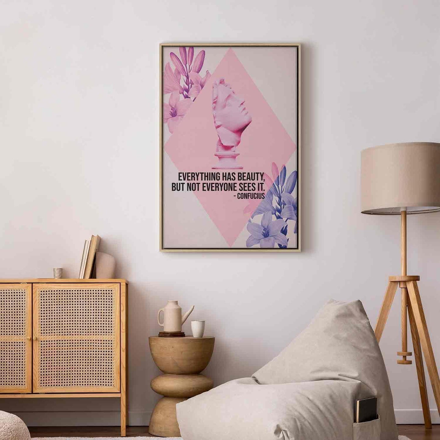 Leinwandbild - Beauty in the Eyes - Inspirational Quote with Pink Bust and Flowers