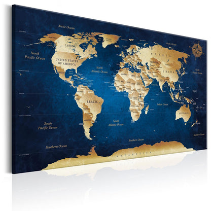 Leinwandbild - World Map: The Dark Blue Depths, dekorative Weltkarte auf dunkelblauem Hintergrund.