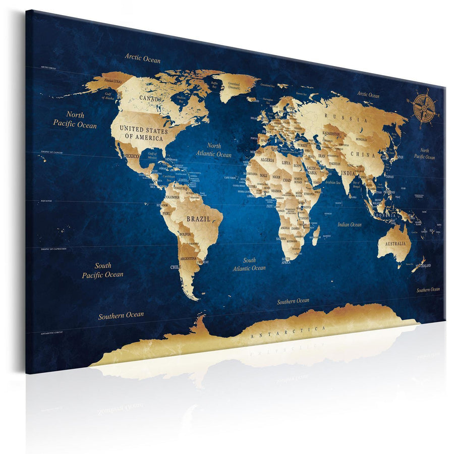 Leinwandbild - World Map: The Dark Blue Depths, dekorative Weltkarte auf dunkelblauem Hintergrund.
