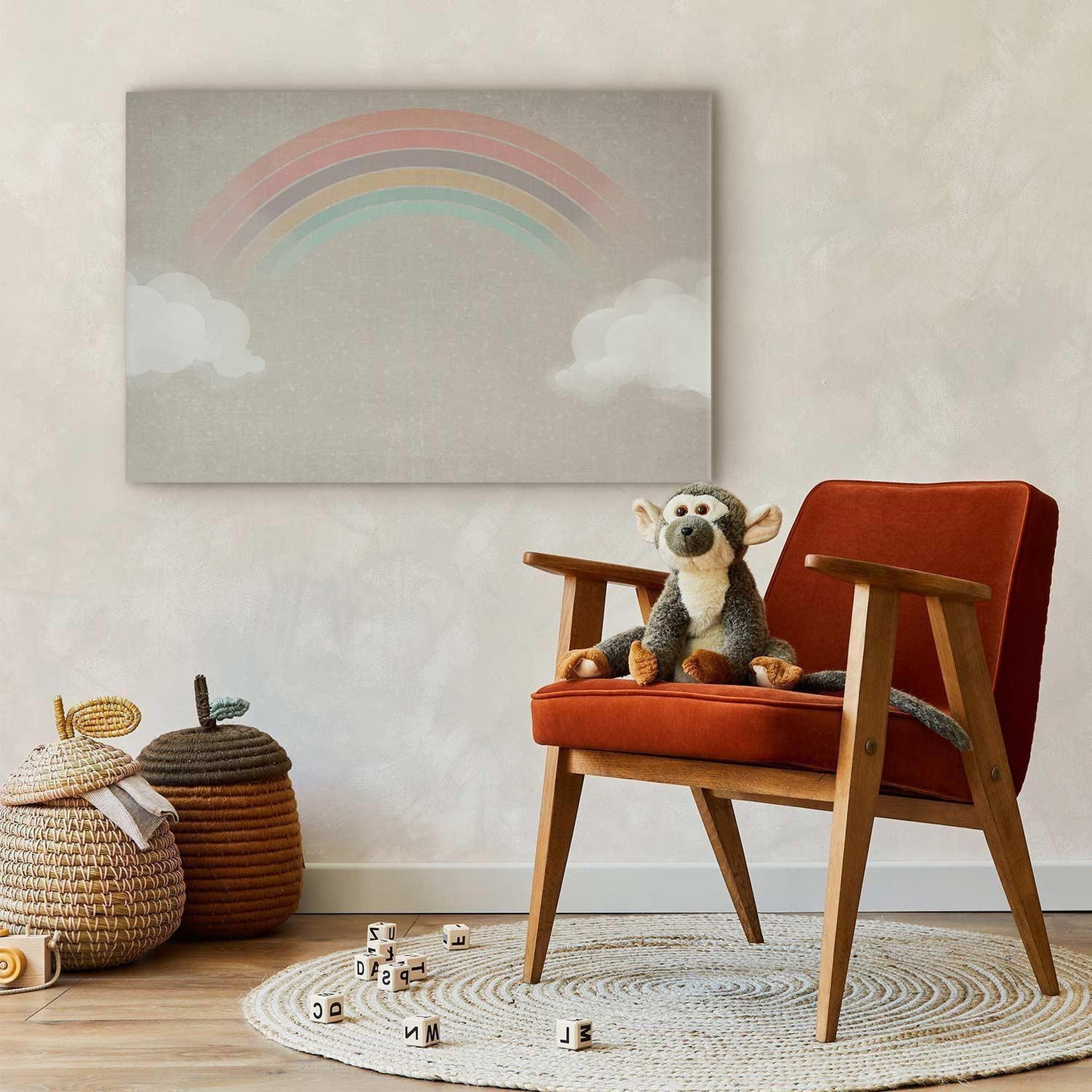 Leinwandbild - Rainy June - Colorful Rainbow Emerging from Clouds on a Bright Background Artgeist