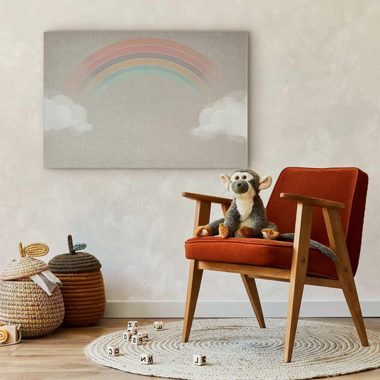 Leinwandbild - Rainy June - Colorful Rainbow Emerging from Clouds on a Bright Background Artgeist