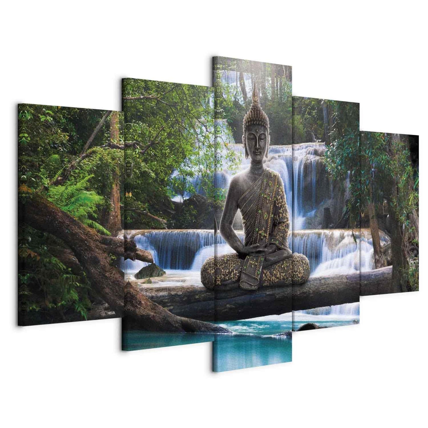 Leinwandbild Wasserfall und Buddha – Harmonie & Zen für dein Zuhause