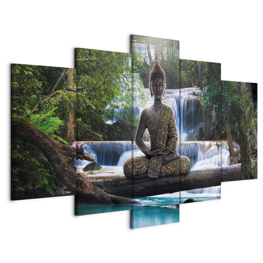 Leinwandbild Wasserfall und Buddha – Harmonie & Zen für dein Zuhause