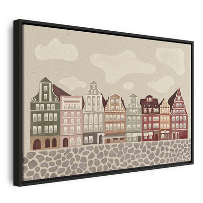 Leinwandbild - Salt Square - Colorful Illustrated Townhouses Against a Cloudy Sky Background