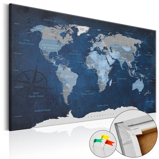 Korkbild - Dark Blue World decorative corkboard with world map print, ideal for travel lovers to pin notes and photos.