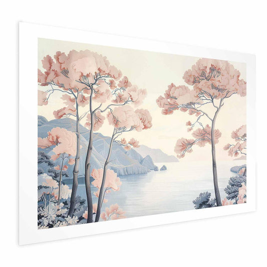 Poster - Ocean Cliffs and Trees Delicate Motif in Pastel Colors Artgeist