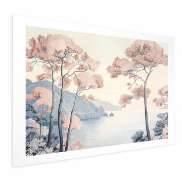 Poster - Ocean Cliffs and Trees Delicate Motif in Pastel Colors Artgeist
