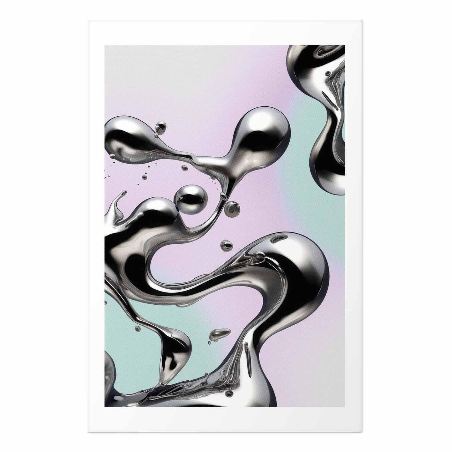 Poster - Metallic Fluidity - abstract silver forms on a mint-purple background