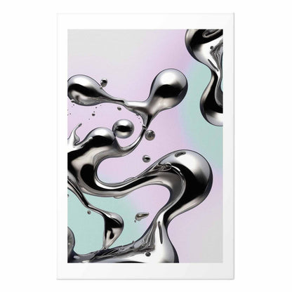Poster - Metallic Fluidity - abstract silver forms on a mint-purple background