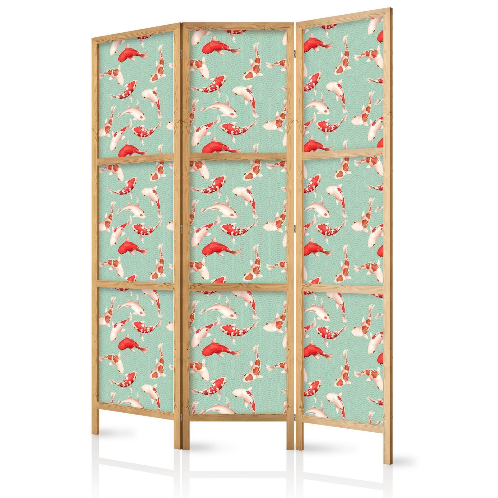 Japanischer Paravent - Fish and Japanese Pattern - Koi Fish in Orange-Cream Colors on a Green-Mint Background with an Oriental Pattern Artgeist