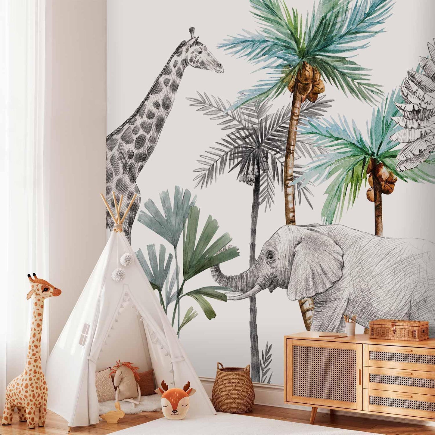 Fototapete - Jungle Animals Wallpaper for Children's Room in Cartoon Style