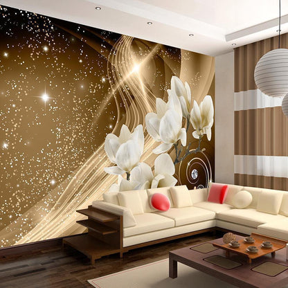Fototapete goldene Galaxie mit Linien und Lichtpunkten

