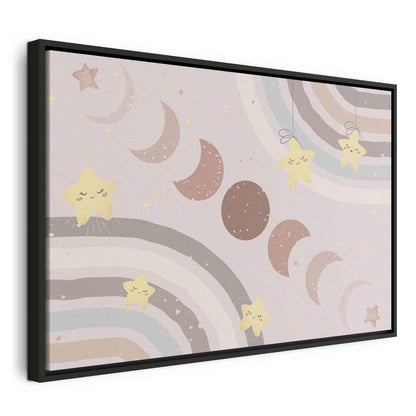 Leinwandbild - Joyful Sky - Yellow Cheerful Stars with a Rainbow Against the Phases of the Moon in a Light Beige Sky Hue Artgeist