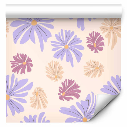 Tapete - Floating Flowers - Tiny - wind-borne flowers in three colors - on a light background