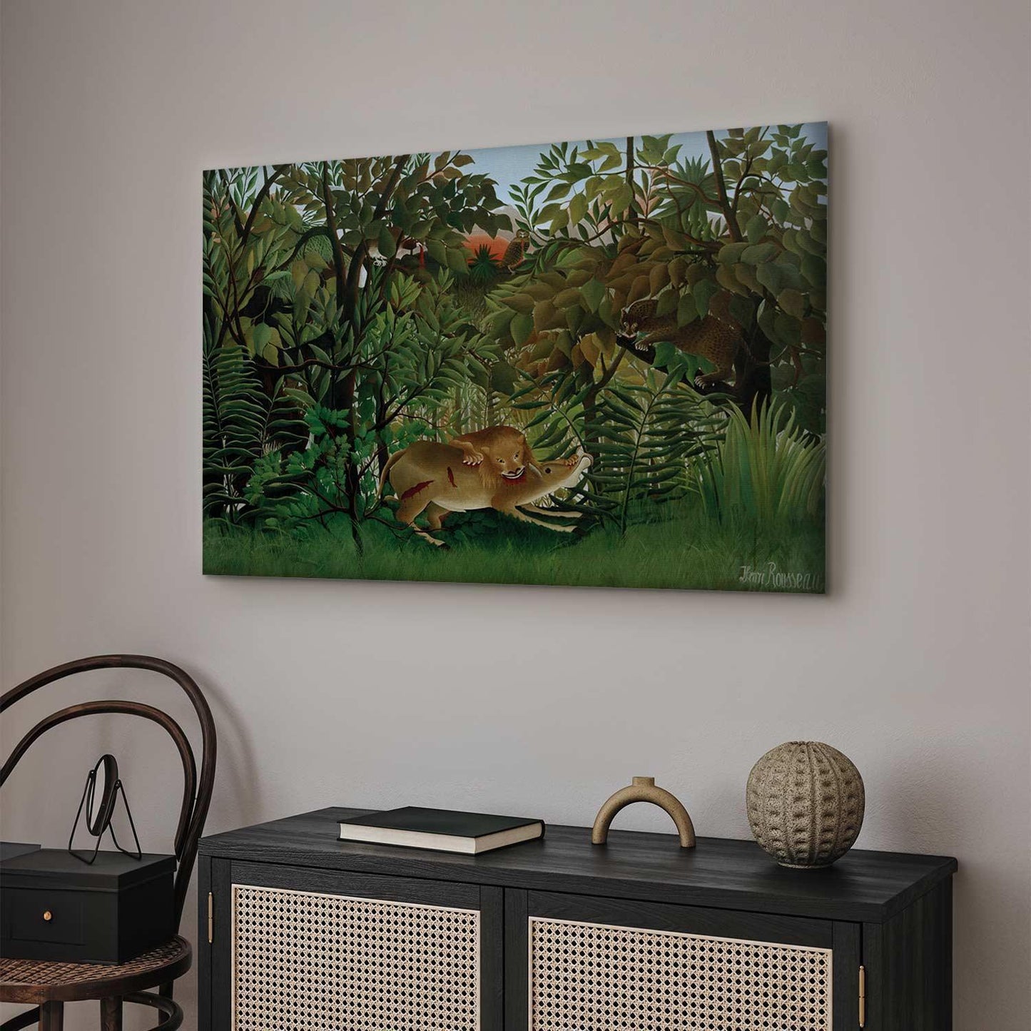 Leinwandbild - Le Lion ayant faim se jette sur l'Antilope (Henri Rousseau) Artgeist