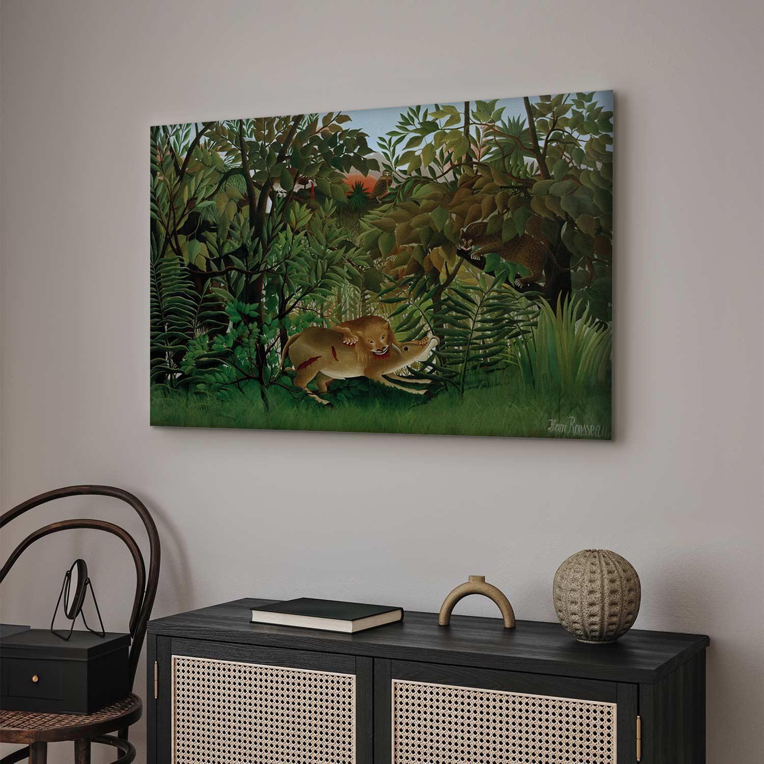 Leinwandbild - Le Lion ayant faim se jette sur l'Antilope (Henri Rousseau) Artgeist