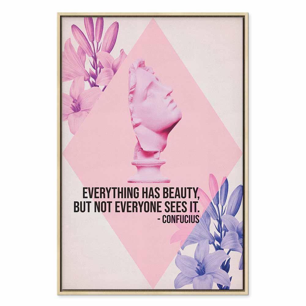 Leinwandbild - Beauty in the Eyes - Inspirational Quote with Pink Bust and Flowers