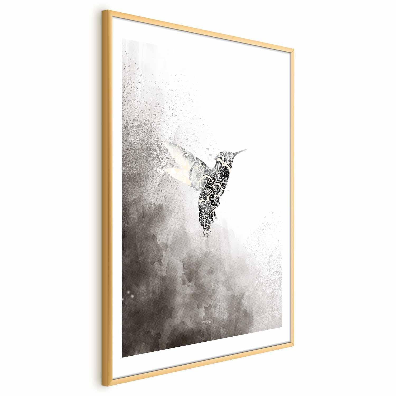 Poster - Ethnic Hummingbird with intricate design in a gold frame.